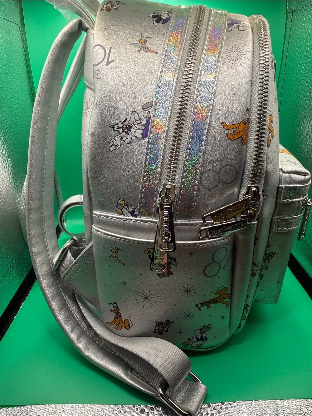 Disney Silver 100th Anniversary Mini Backpack with Multicolor Character Print